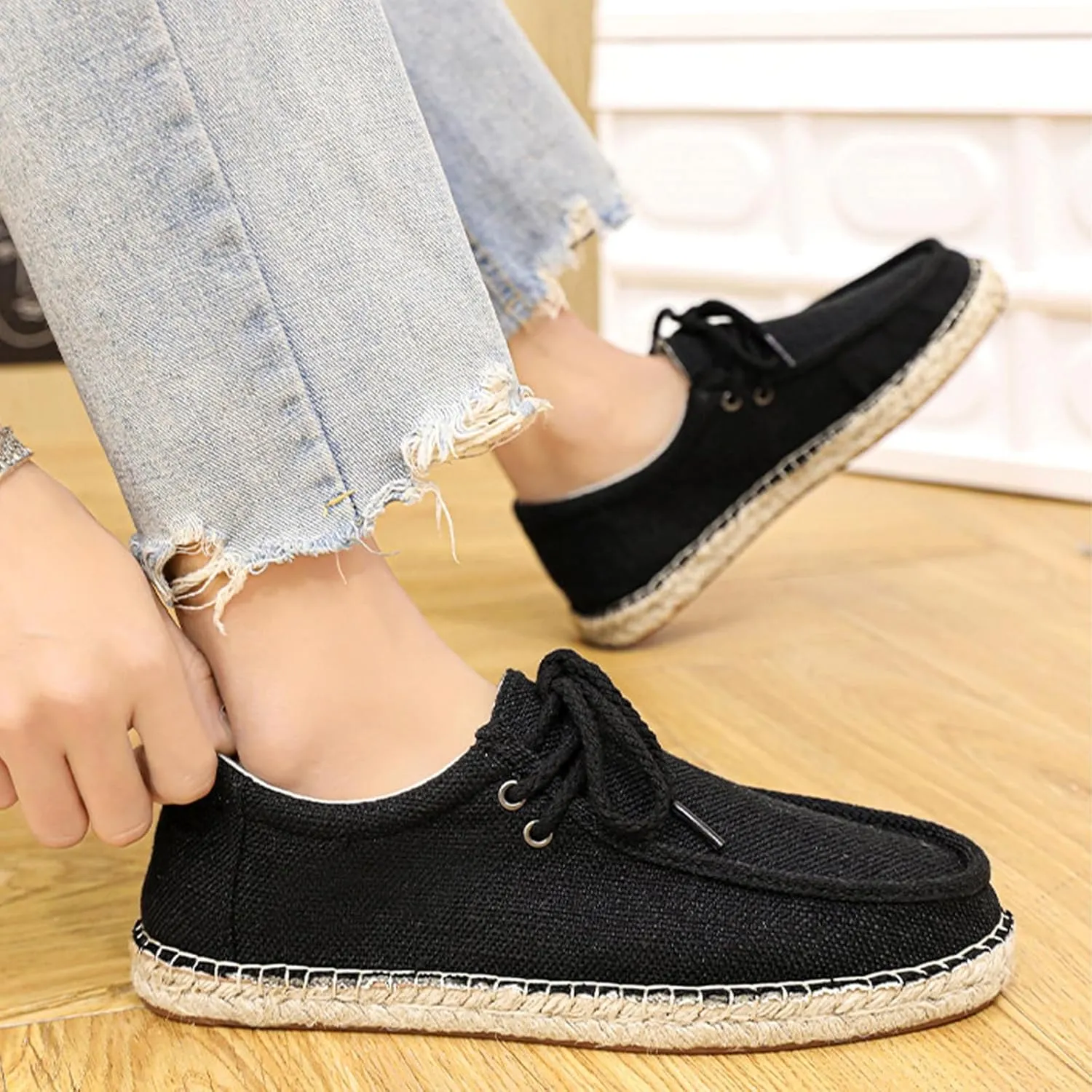 Men's Linen Canvas Loafers,Casual Breathable Slip-On Espadrille Flat Walking Shoes Round Toe Moccasins Boat Shoes