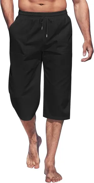 Mens Linen Capri Pants Casual Lightweight Baggy 3/4 Pants Drawstring Elastic Waist Cropped Trousers Beach Yoga Shorts Pockets