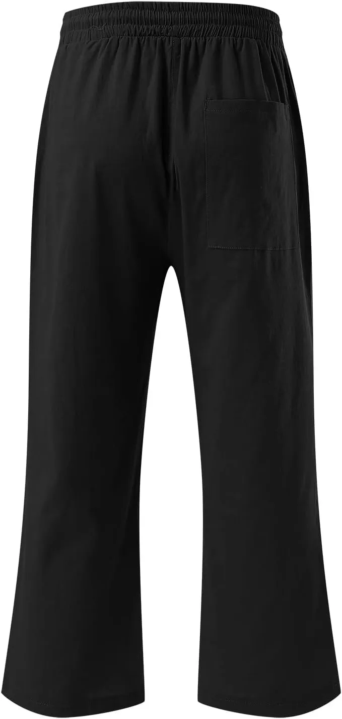 Mens Linen Capri Pants Casual Lightweight Baggy 3/4 Pants Drawstring Elastic Waist Cropped Trousers Beach Yoga Shorts Pockets