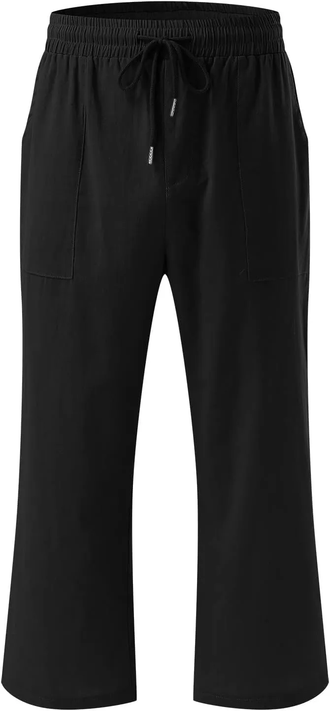 Mens Linen Capri Pants Casual Lightweight Baggy 3/4 Pants Drawstring Elastic Waist Cropped Trousers Beach Yoga Shorts Pockets