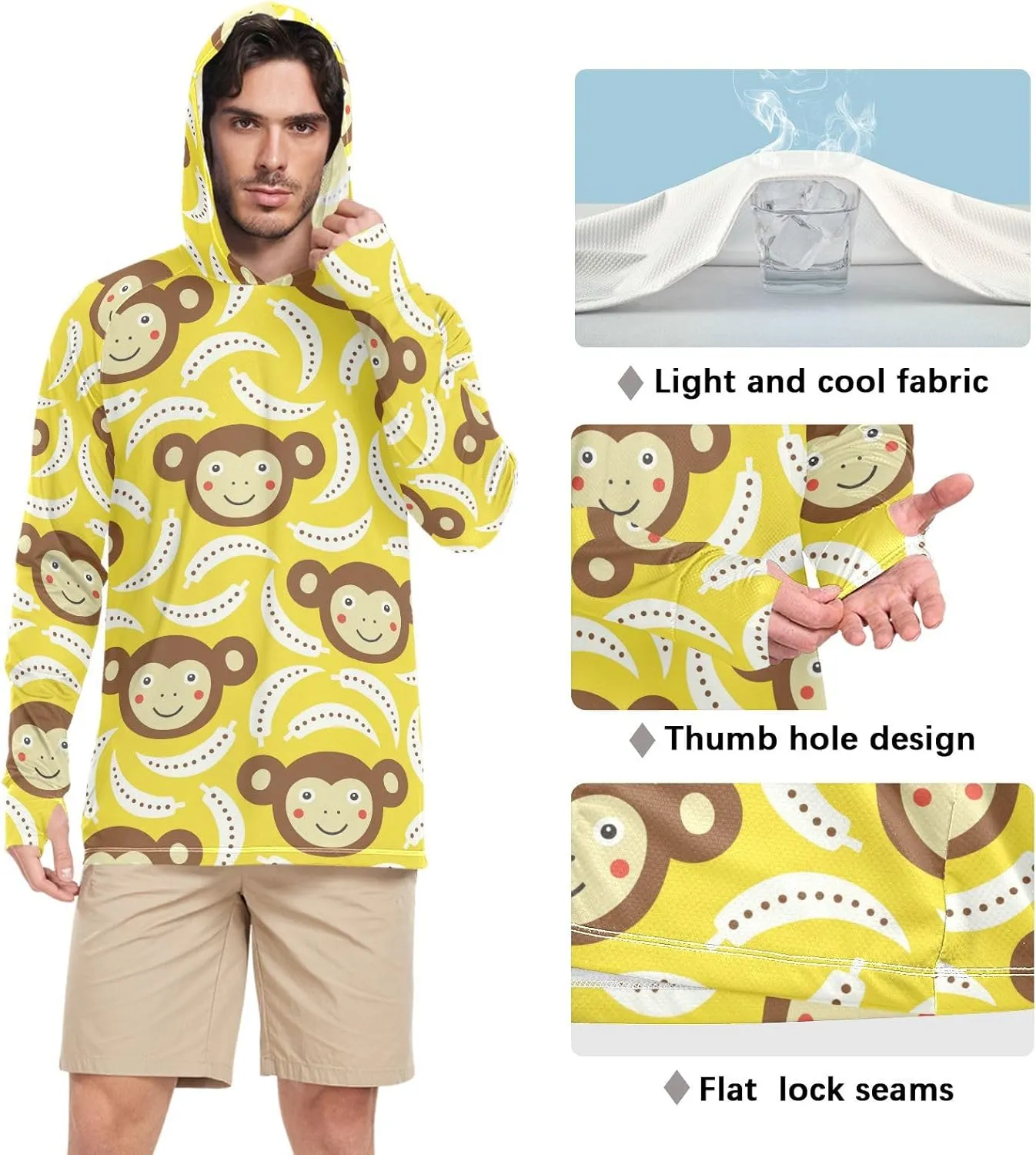 Men's Sun Protection Hoodie Long Sleeve Monkey Sun Shirt with Hood UPF 50  Hooded Fishing Shirts Rash Guard UV Shirts