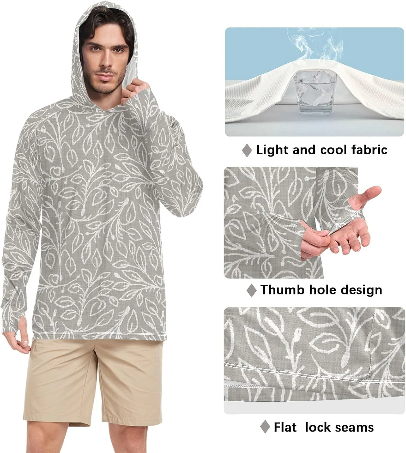 Men's Sun Shirt Hoodie Long Sleeve Gray French Stripe UPF 50   Sun Shirt with Hood Cooling Hoodies Rash Guards Mens