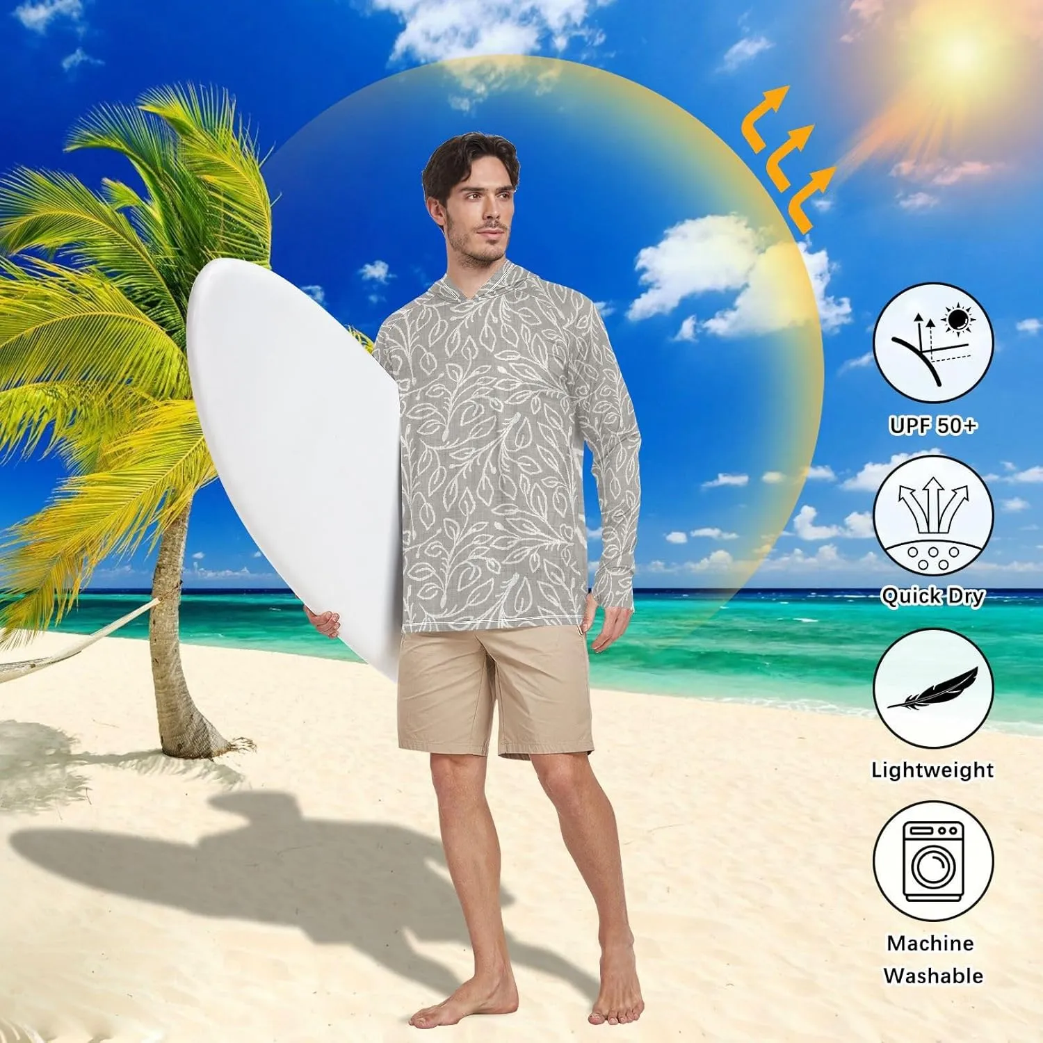 Men's Sun Shirt Hoodie Long Sleeve Gray French Stripe UPF 50   Sun Shirt with Hood Cooling Hoodies Rash Guards Mens