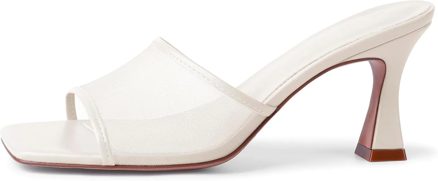 Mesh Mule Heels for Women Kitten Heel Sandals Open Square Toe Heeled Sandals Slip On Mules
