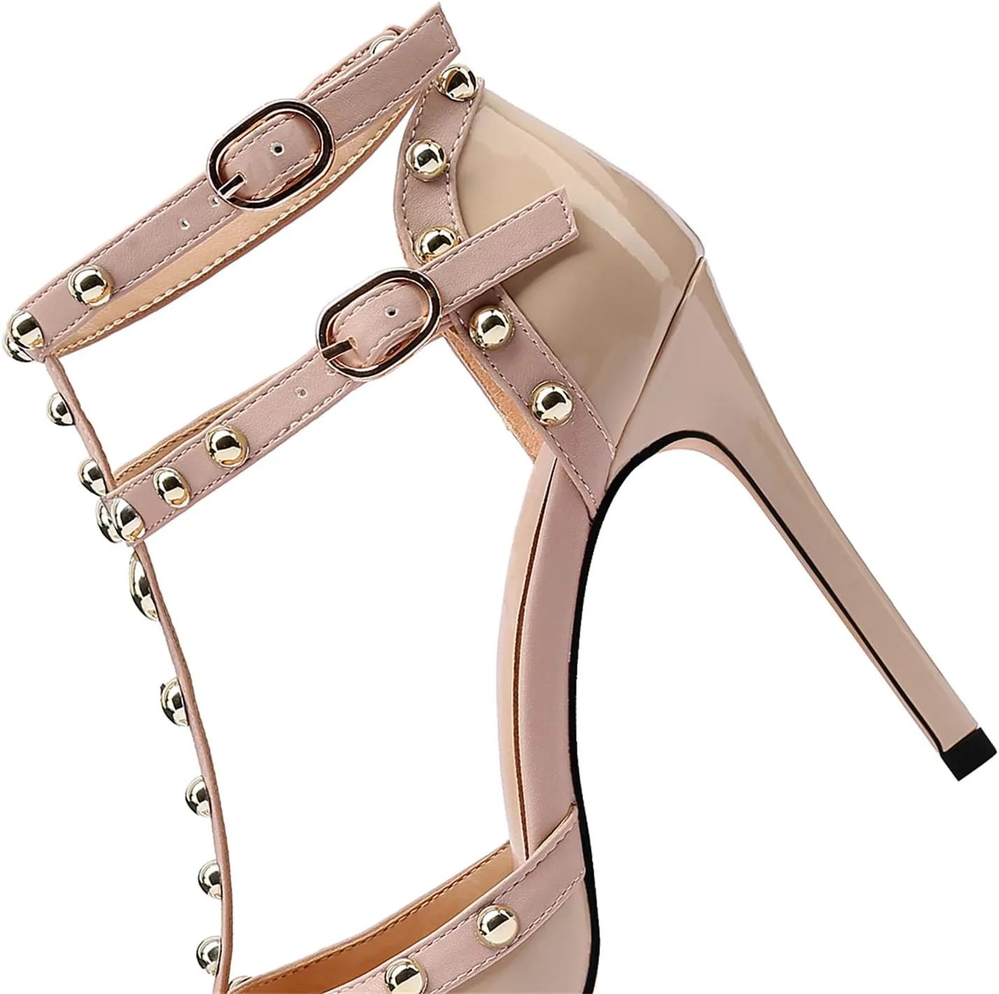 MIRAAZZURRA Women Heeled Sandals Rivet Studded High Heels Stiletto T-Strap Pointed Toe Slip On Bridal Pumps for Women