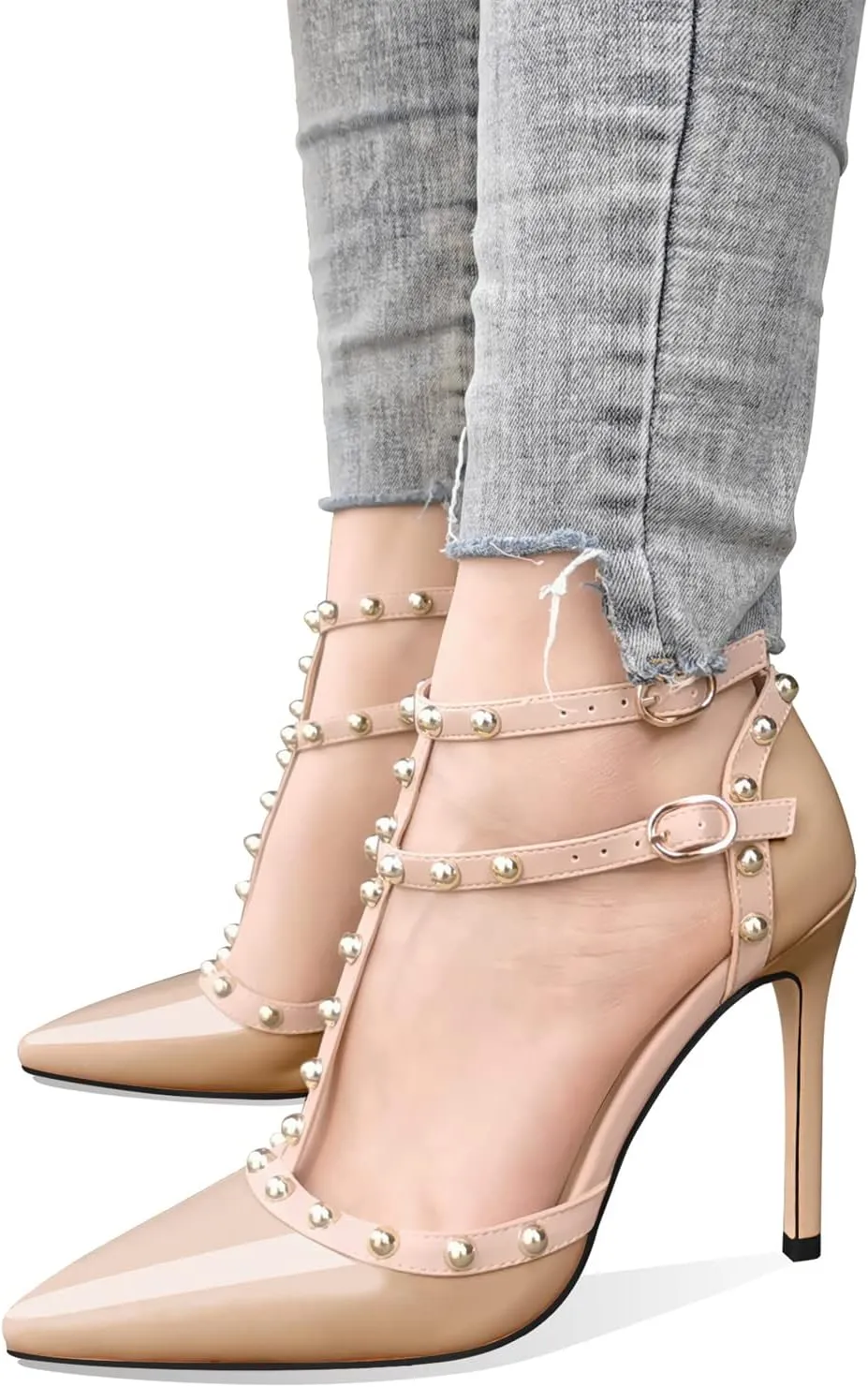 MIRAAZZURRA Women Heeled Sandals Rivet Studded High Heels Stiletto T-Strap Pointed Toe Slip On Bridal Pumps for Women