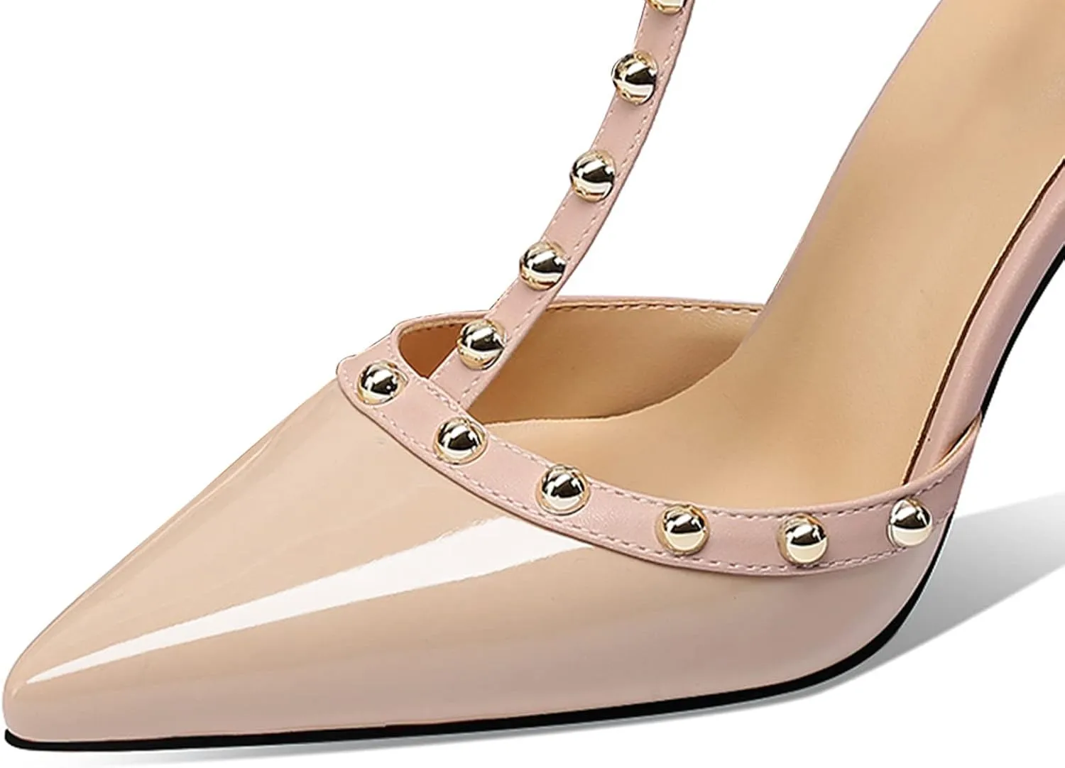 MIRAAZZURRA Women Heeled Sandals Rivet Studded High Heels Stiletto T-Strap Pointed Toe Slip On Bridal Pumps for Women