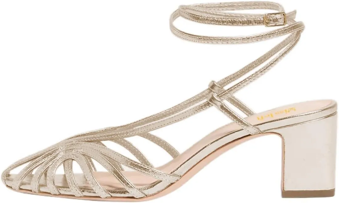 miss left Women Chic Caged Toe Chunky Mid Heel Cutout Sandals Strappy Ankle Strap Buckle Elegant Prom Evening Dress Shoes Size 4-16 US