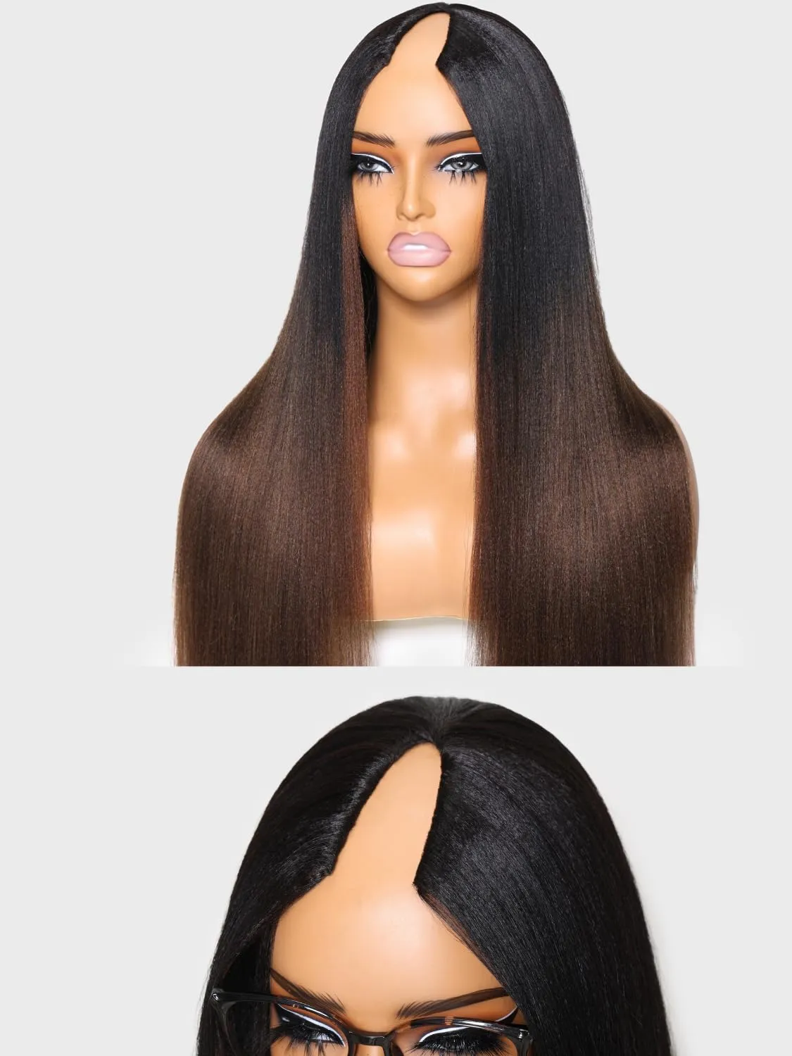 Nadula EasiContour Yaki Straight V Part Wig Human Hair with Drawstring No Leave Out Black to Chestnut Brown Ombre Highlight Clip in Vpart Wig,Glueless Upgrade Yaki U Part Wig 180% Density 22inch
