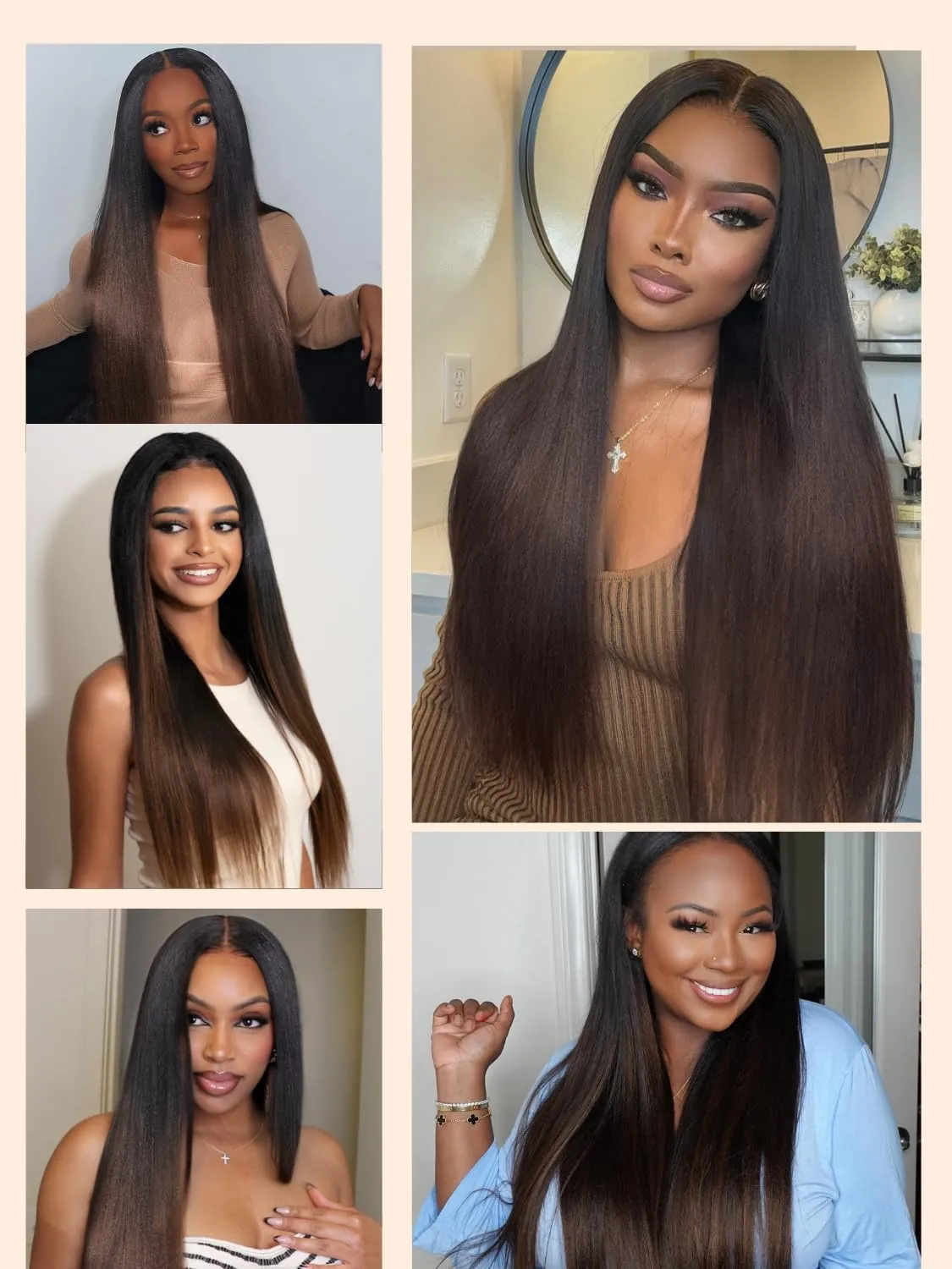 Nadula EasiContour Yaki Straight V Part Wig Human Hair with Drawstring No Leave Out Black to Chestnut Brown Ombre Highlight Clip in Vpart Wig,Glueless Upgrade Yaki U Part Wig 180% Density 22inch