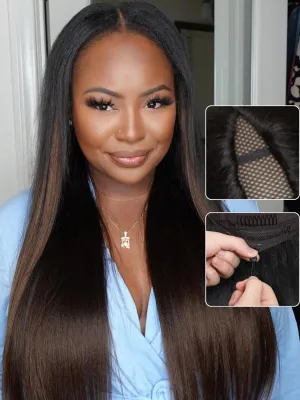 Nadula EasiContour Yaki Straight V Part Wig Human Hair with Drawstring No Leave Out Black to Chestnut Brown Ombre Highlight Clip in Vpart Wig,Glueless Upgrade Yaki U Part Wig 180% Density 22inch