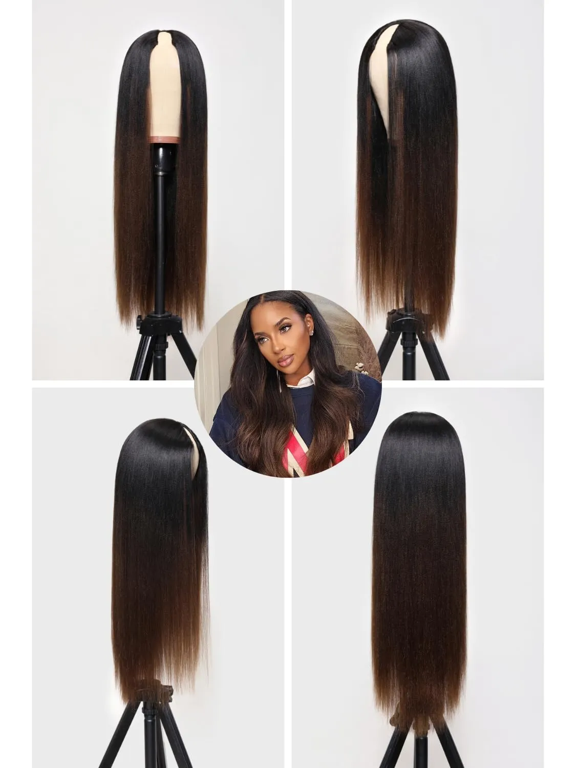 Nadula EasiContour Yaki Straight V Part Wig Human Hair with Drawstring No Leave Out Black to Chestnut Brown Ombre Highlight Clip in Vpart Wig,Glueless Upgrade Yaki U Part Wig 180% Density 22inch