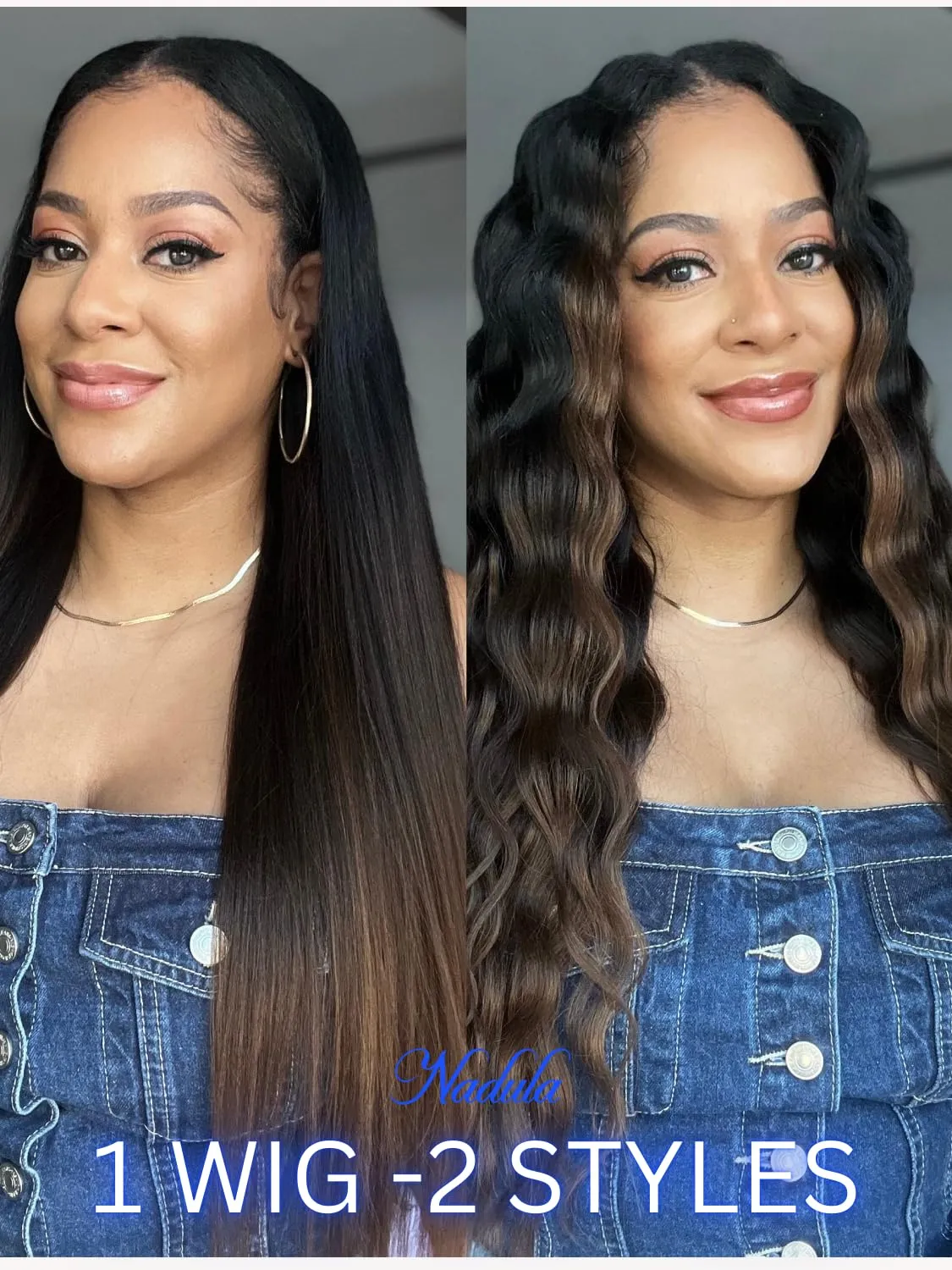 Nadula EasiContour Yaki Straight V Part Wig Human Hair with Drawstring No Leave Out Black to Chestnut Brown Ombre Highlight Clip in Vpart Wig,Glueless Upgrade Yaki U Part Wig 180% Density 22inch