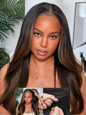 Nadula Ombre Brown Yaki Straight V Part Wig Human Hair with Drawstring No Leave Out EasiContour Vpart Wigs,Glueless Chestnut Brown Highlight Clip in V-part Yaki Wig, Upgrade Yaki U Part Wig 18inch