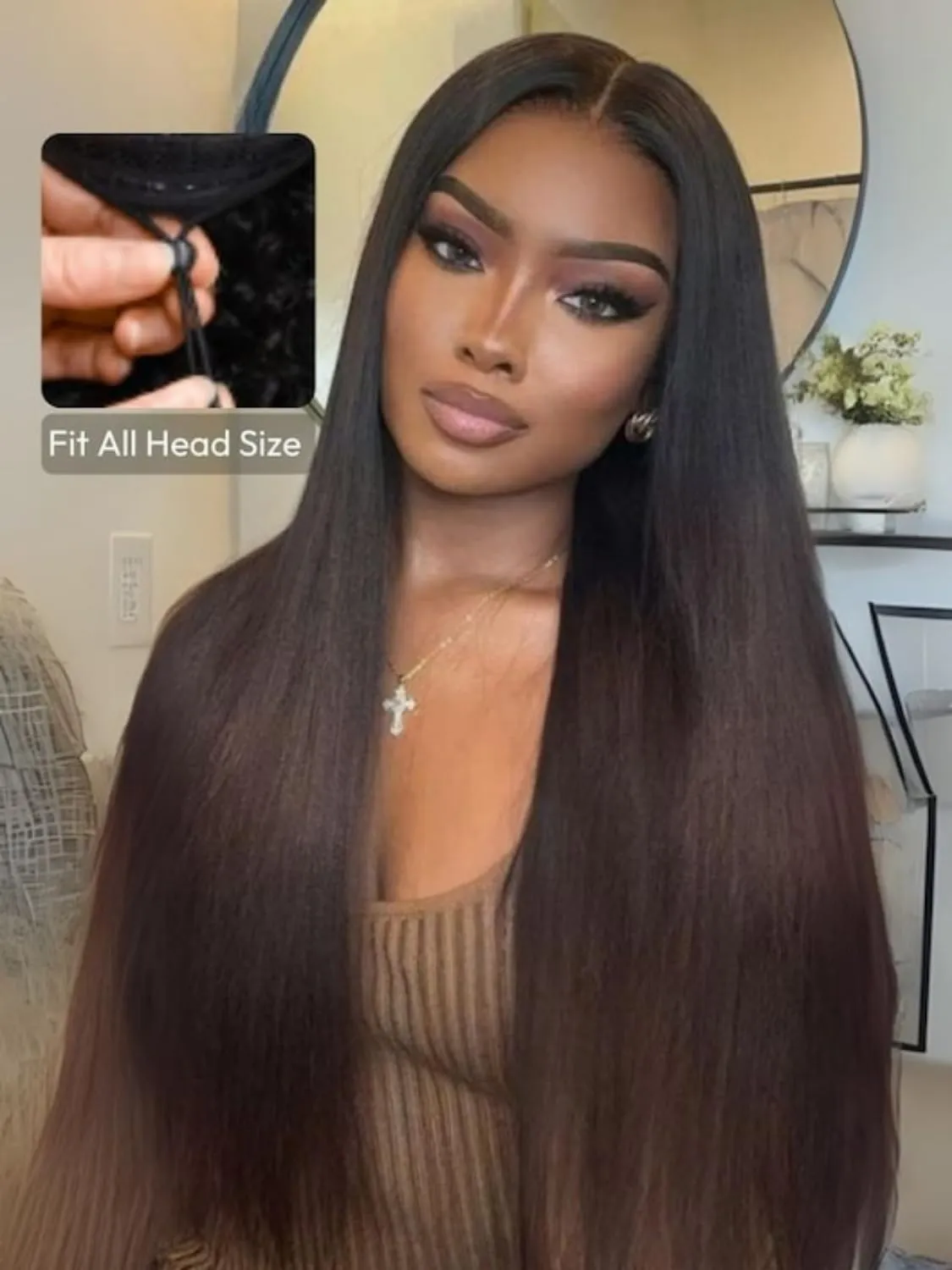Nadula Ombre Brown Yaki Straight V Part Wig Human Hair with Drawstring No Leave Out EasiContour Vpart Wigs,Glueless Chestnut Brown Highlight Clip in V-part Yaki Wig, Upgrade Yaki U Part Wig 18inch
