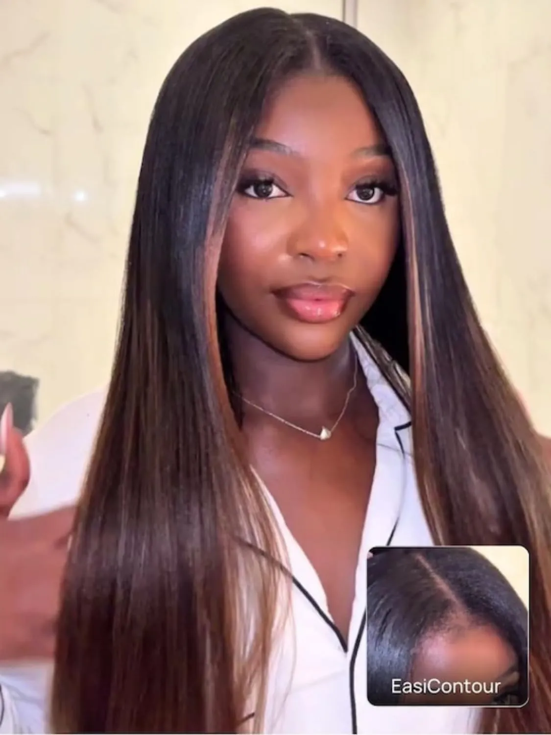 Nadula Ombre Brown Yaki Straight V Part Wig Human Hair with Drawstring No Leave Out EasiContour Vpart Wigs,Glueless Chestnut Brown Highlight Clip in V-part Yaki Wig, Upgrade Yaki U Part Wig 18inch