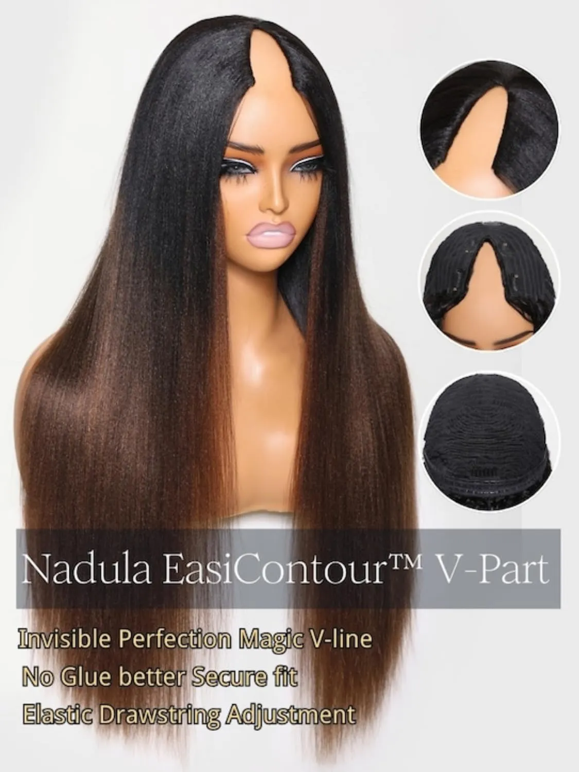 Nadula Ombre Brown Yaki Straight V Part Wig Human Hair with Drawstring No Leave Out EasiContour Vpart Wigs,Glueless Chestnut Brown Highlight Clip in V-part Yaki Wig, Upgrade Yaki U Part Wig 18inch