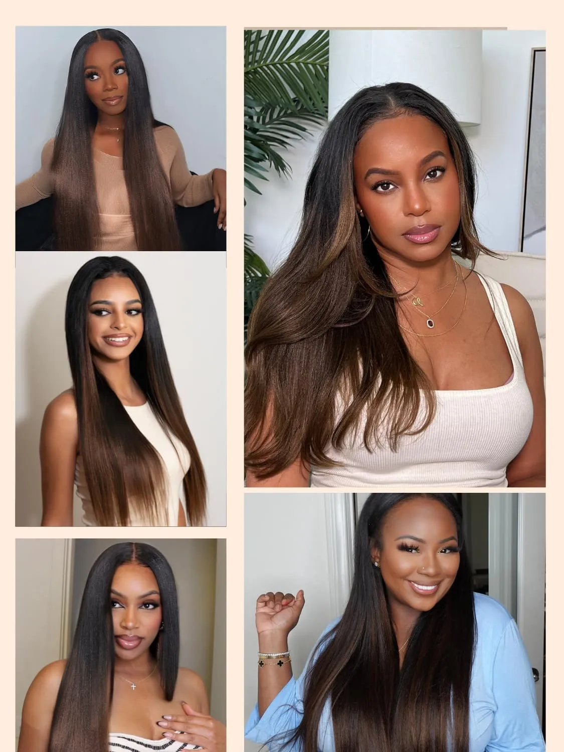 Nadula Ombre Brown Yaki Straight V Part Wig Human Hair with Drawstring No Leave Out EasiContour Vpart Wigs,Glueless Chestnut Brown Highlight Clip in V-part Yaki Wig, Upgrade Yaki U Part Wig 18inch