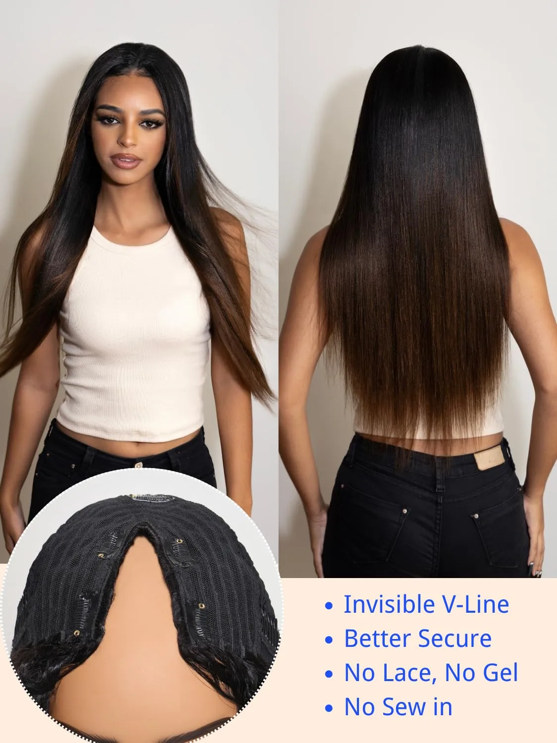 Nadula Ombre Brown Yaki Straight V Part Wig Human Hair with Drawstring No Leave Out EasiContour Vpart Wigs,Glueless Chestnut Brown Highlight Clip in V-part Yaki Wig, Upgrade Yaki U Part Wig 18inch