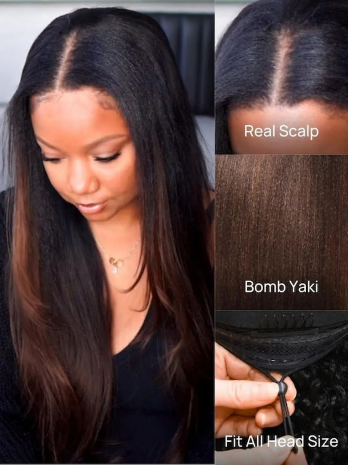 Nadula Ombre Brown Yaki Straight V Part Wig Human Hair with Drawstring No Leave Out EasiContour Vpart Wigs,Glueless Chestnut Brown Highlight Clip in V-part Yaki Wig, Upgrade Yaki U Part Wig 18inch