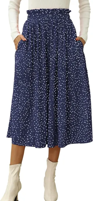 Naggoo Women's Skirts High Elastic Waisted Casual Skirt Pleated Floral/Solid Midi Skirts with Pockets