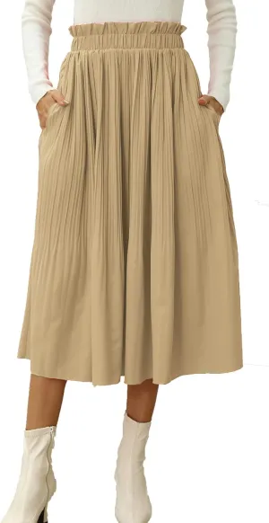 Naggoo Women's Skirts High Elastic Waisted Casual Skirt Pleated Floral/Solid Midi Skirts with Pockets