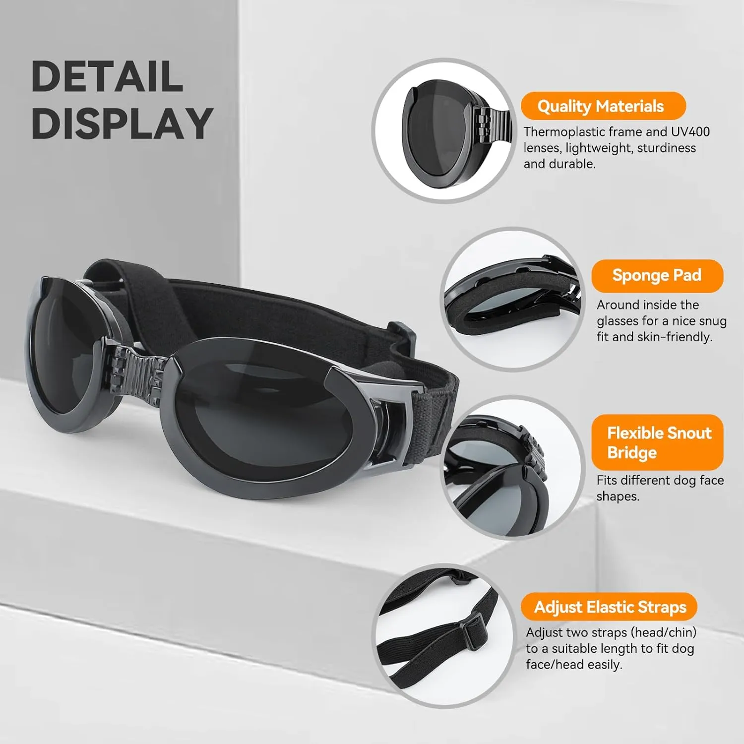 Namsan Clear Dog Goggles Medium Breed, with Black Replaceable Lenses, Interchangeable Doggie Sunglasses for Small to Medium Dogs, Summer UV Dog Eye Protection, Adjustable Doggy Snow Goggles