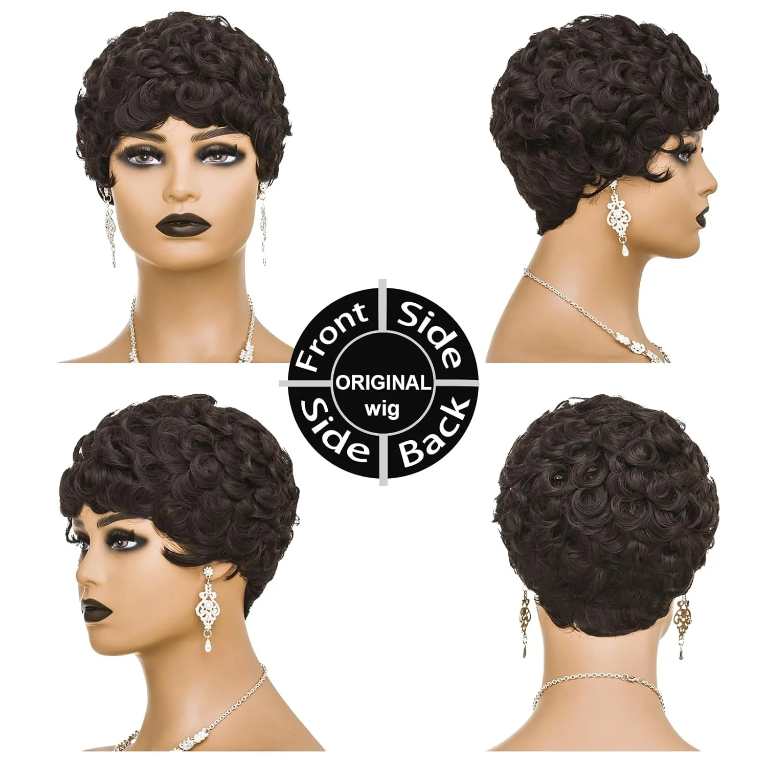 Natural Dark Brown Short Pixie Wigs for Black Women - Curly Synthetic Layered Cut with Glueless Design & Bangs | African American Natural Wave Pixie Wig for Women