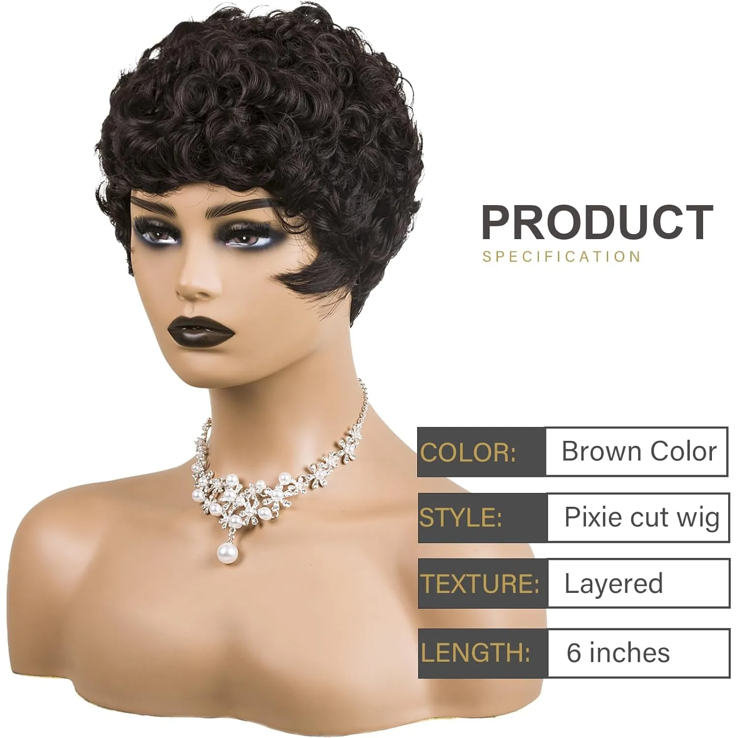 Natural Dark Brown Short Pixie Wigs for Black Women - Curly Synthetic Layered Cut with Glueless Design & Bangs | African American Natural Wave Pixie Wig for Women
