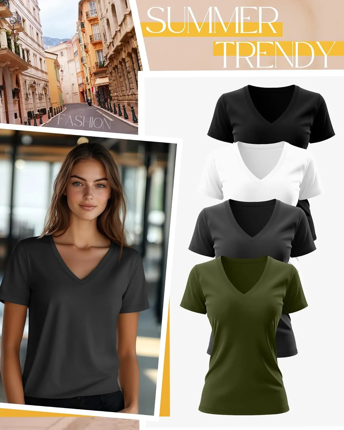 Neer 4 Pack Women's V Neck T-Shirts Summer Short Sleeve Casual Tops Loose Fit Flat Hem Basic Tees