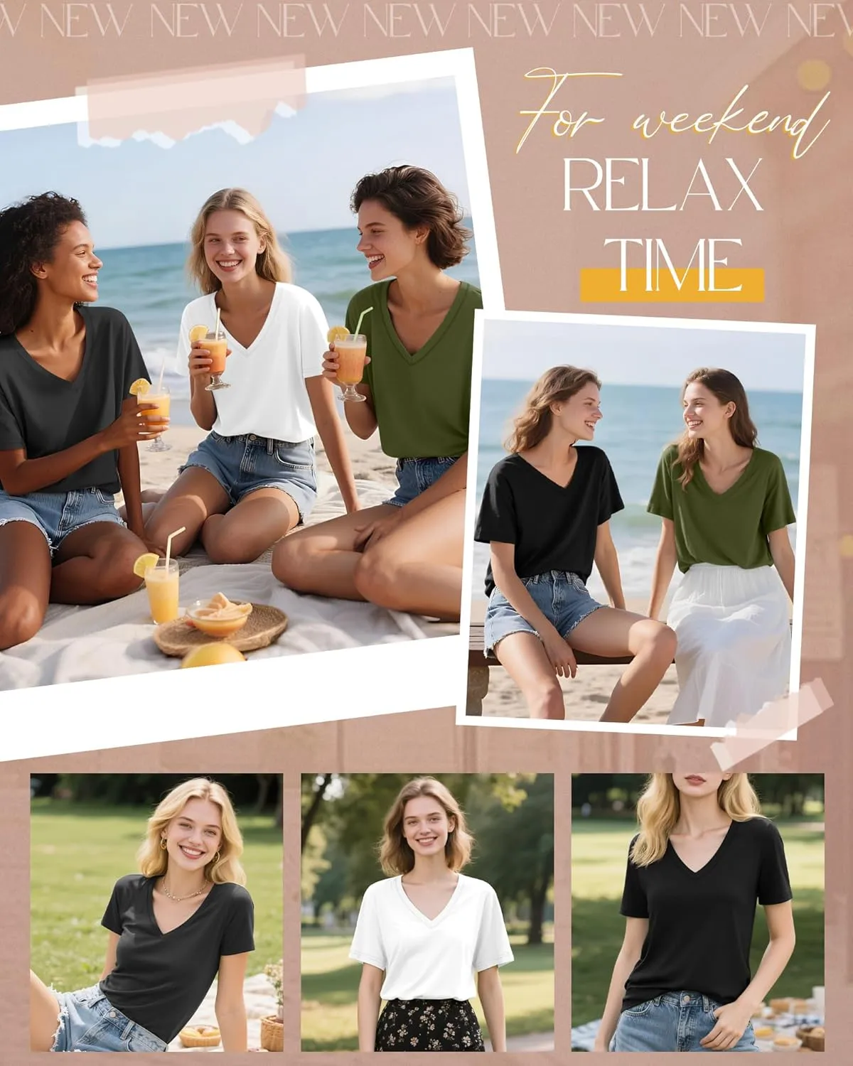 Neer 4 Pack Women's V Neck T-Shirts Summer Short Sleeve Casual Tops Loose Fit Flat Hem Basic Tees