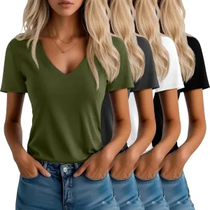 Neer 4 Pack Women's V Neck T-Shirts Summer Short Sleeve Casual Tops Loose Fit Flat Hem Basic Tees