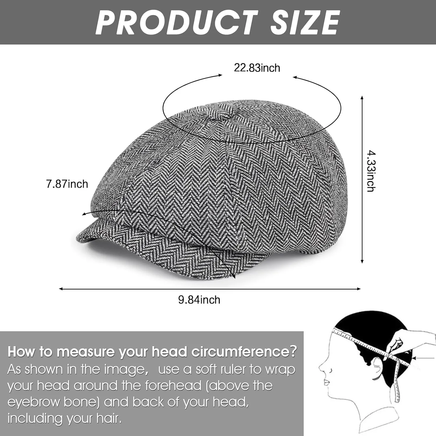 Newsboy Cap for Men Cotton 8 Panel Men's Flat Cap Herringbone Tweed CabbieHat