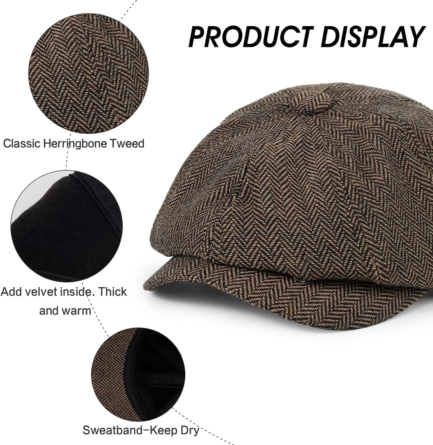 Newsboy Cap for Men Cotton 8 Panel Men's Flat Cap Herringbone Tweed CabbieHat