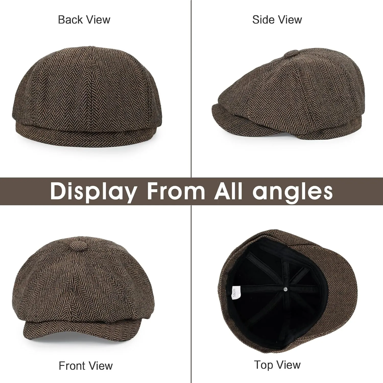 Newsboy Cap for Men Cotton 8 Panel Men's Flat Cap Herringbone Tweed CabbieHat