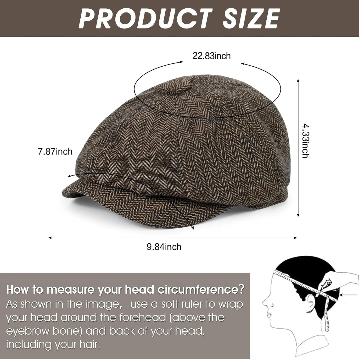 Newsboy Cap for Men Cotton 8 Panel Men's Flat Cap Herringbone Tweed CabbieHat