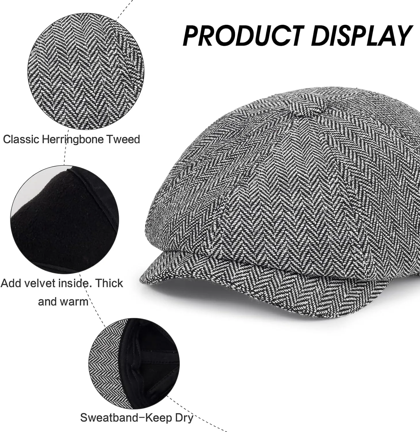 Newsboy Cap for Men Cotton 8 Panel Men's Flat Cap Herringbone Tweed CabbieHat