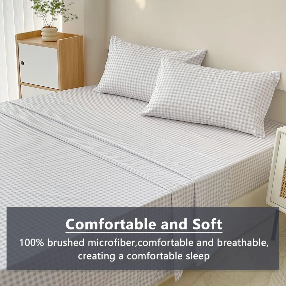 NSNLGSGC Light Grey Gingham Twin Kids Sheet Set,Soft Brushed Microfiber Plaid Twin Bed Sheets, 3-Pieces Sheet Set with Deep Pocket
