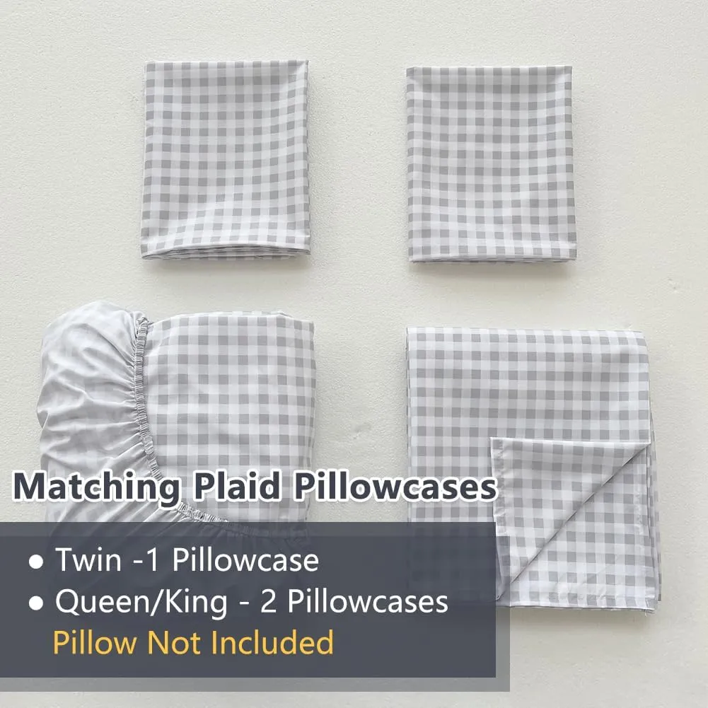 NSNLGSGC Light Grey Gingham Twin Kids Sheet Set,Soft Brushed Microfiber Plaid Twin Bed Sheets, 3-Pieces Sheet Set with Deep Pocket