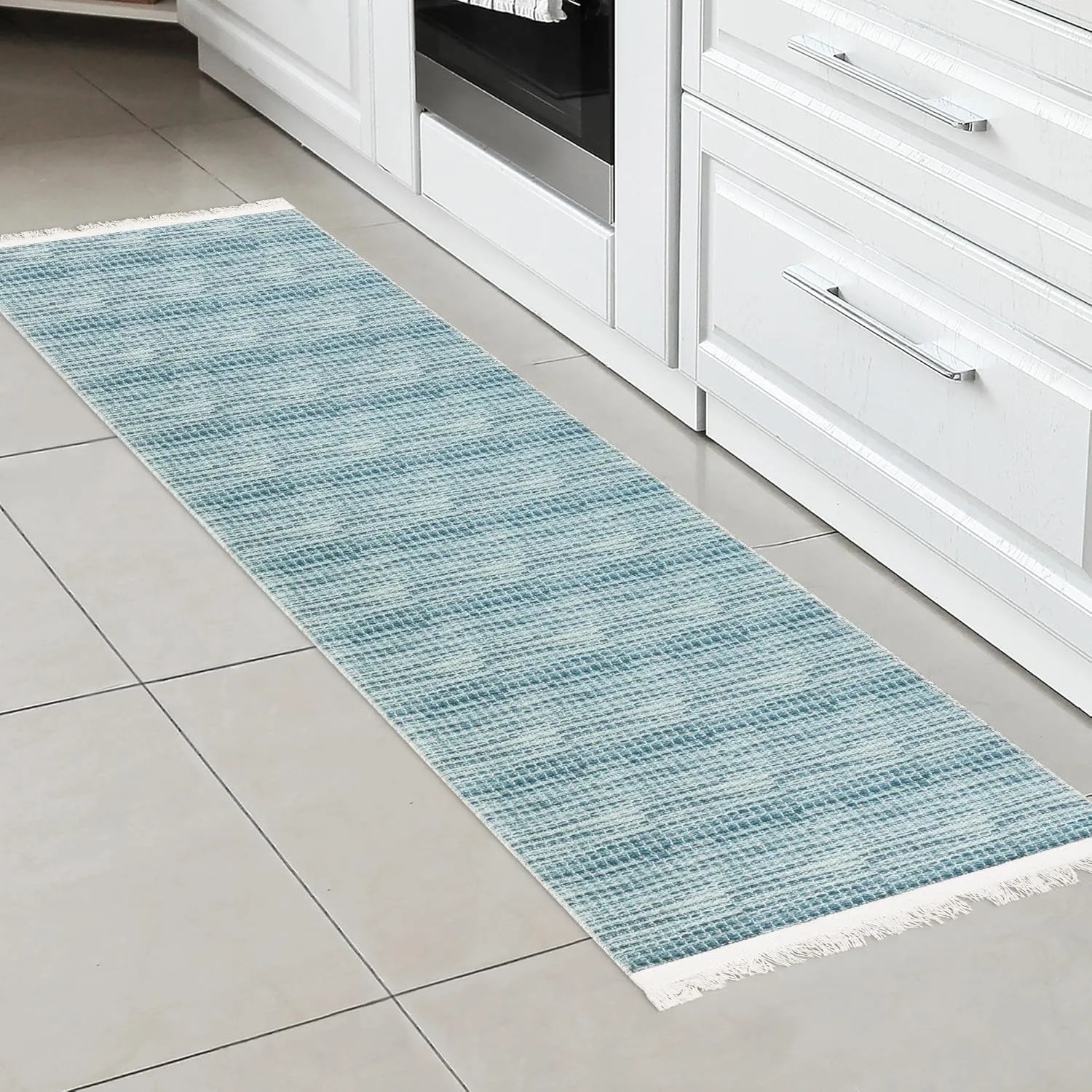 Ottomanson Machine Washable Wrinkle Free Solid Design Cotton 2x5 Traditional Flatweave Runner Rug for Hallway, Kitchen, Living Room, Bedroom, Bathroom, 20" x 59", Blue