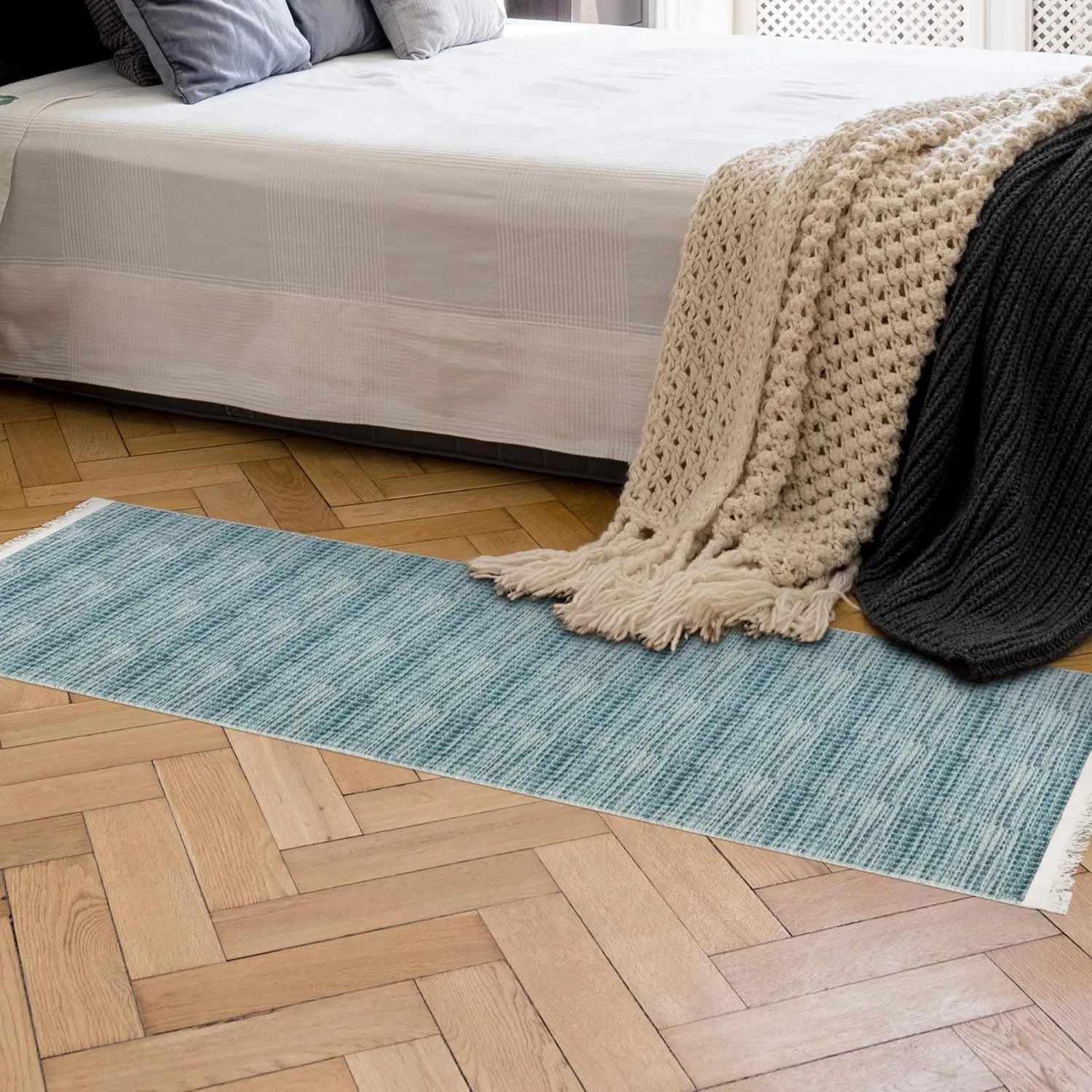 Ottomanson Machine Washable Wrinkle Free Solid Design Cotton 2x5 Traditional Flatweave Runner Rug for Hallway, Kitchen, Living Room, Bedroom, Bathroom, 20" x 59", Blue