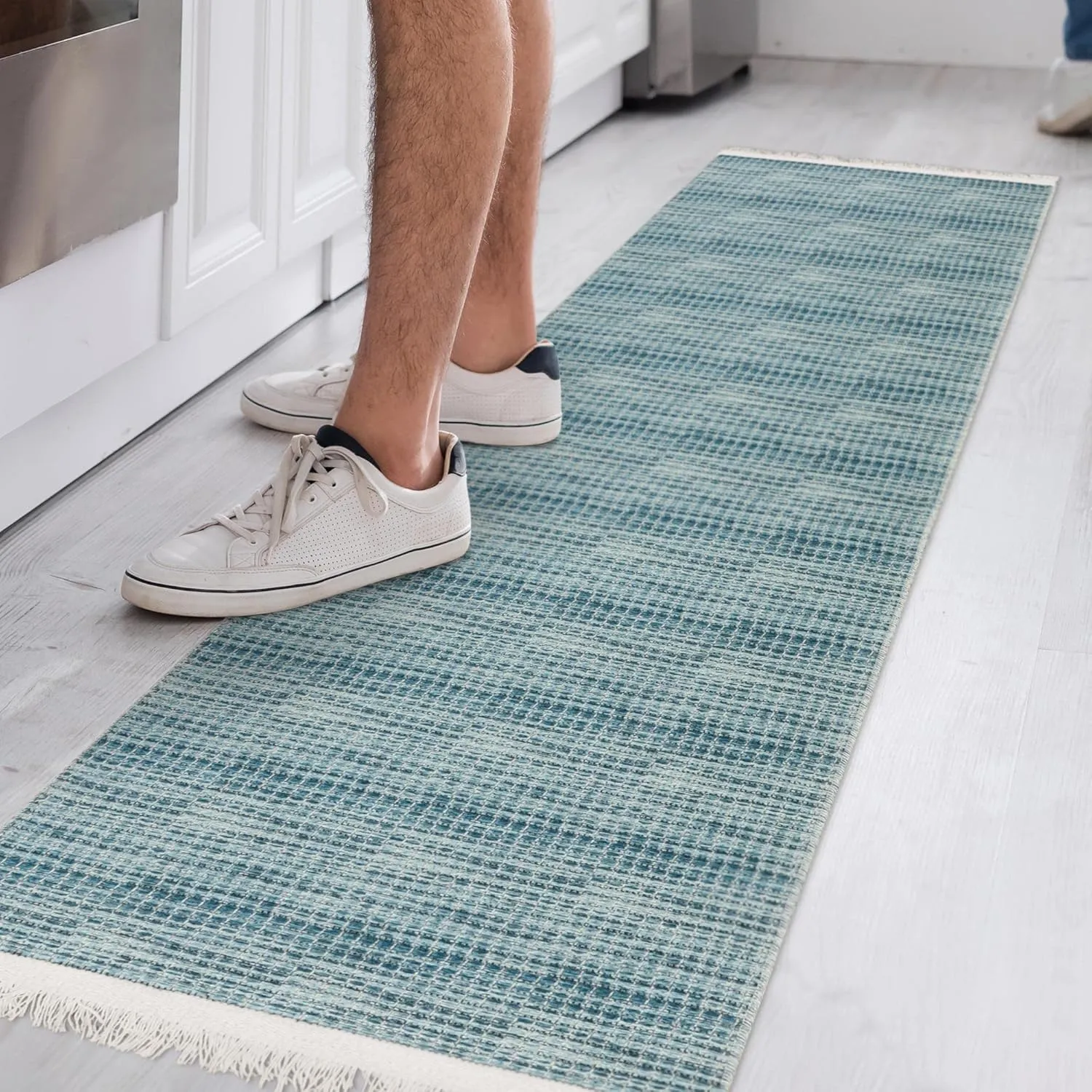 Ottomanson Machine Washable Wrinkle Free Solid Design Cotton 2x5 Traditional Flatweave Runner Rug for Hallway, Kitchen, Living Room, Bedroom, Bathroom, 20" x 59", Blue