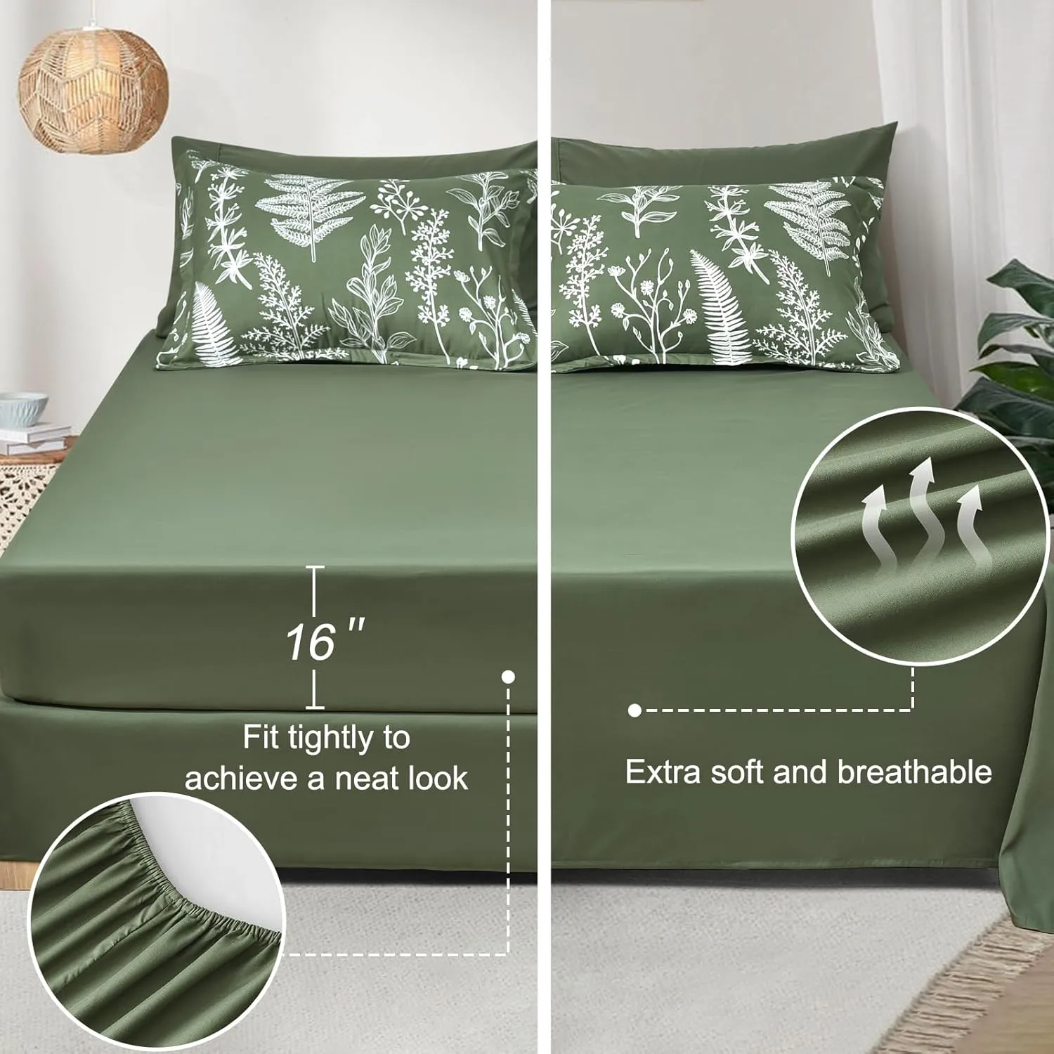 PHF 7 Pieces Queen Comforter Set, Ultra Soft Bed in A Bag Comforter & Sheet Set- Reversible Botanical Bedding Set Include Comforter, Pillow Shams, Flat Sheet, Fitted Sheet and Pillowcases, Olive Green