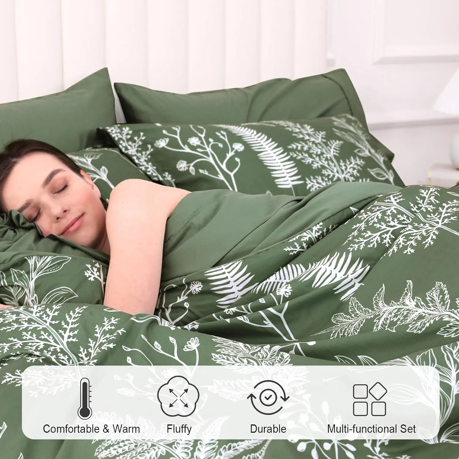 PHF 7 Pieces Queen Comforter Set, Ultra Soft Bed in A Bag Comforter & Sheet Set- Reversible Botanical Bedding Set Include Comforter, Pillow Shams, Flat Sheet, Fitted Sheet and Pillowcases, Olive Green