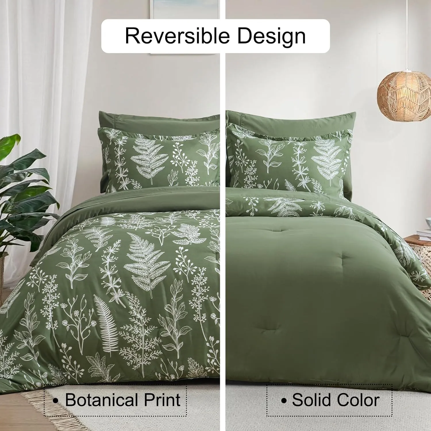 PHF 7 Pieces Queen Comforter Set, Ultra Soft Bed in A Bag Comforter & Sheet Set- Reversible Botanical Bedding Set Include Comforter, Pillow Shams, Flat Sheet, Fitted Sheet and Pillowcases, Olive Green