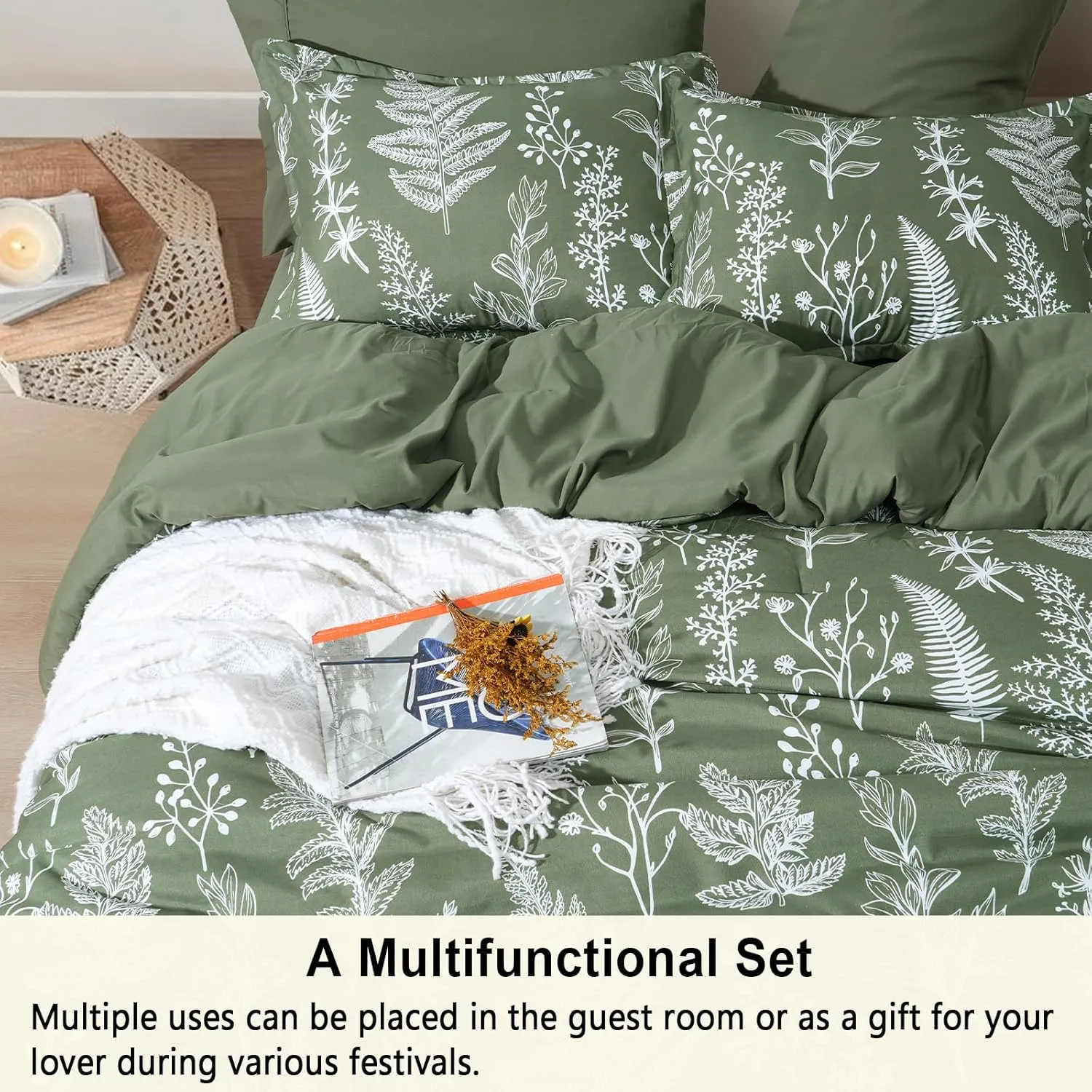 PHF 7 Pieces Queen Comforter Set, Ultra Soft Bed in A Bag Comforter & Sheet Set- Reversible Botanical Bedding Set Include Comforter, Pillow Shams, Flat Sheet, Fitted Sheet and Pillowcases, Olive Green