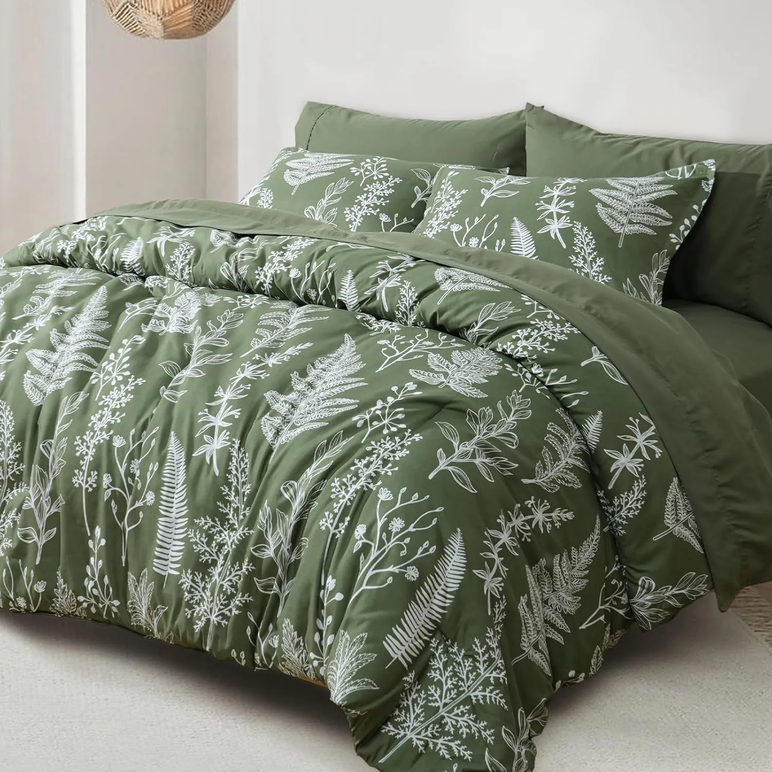 PHF 7 Pieces Queen Comforter Set, Ultra Soft Bed in A Bag Comforter & Sheet Set- Reversible Botanical Bedding Set Include Comforter, Pillow Shams, Flat Sheet, Fitted Sheet and Pillowcases, Olive Green