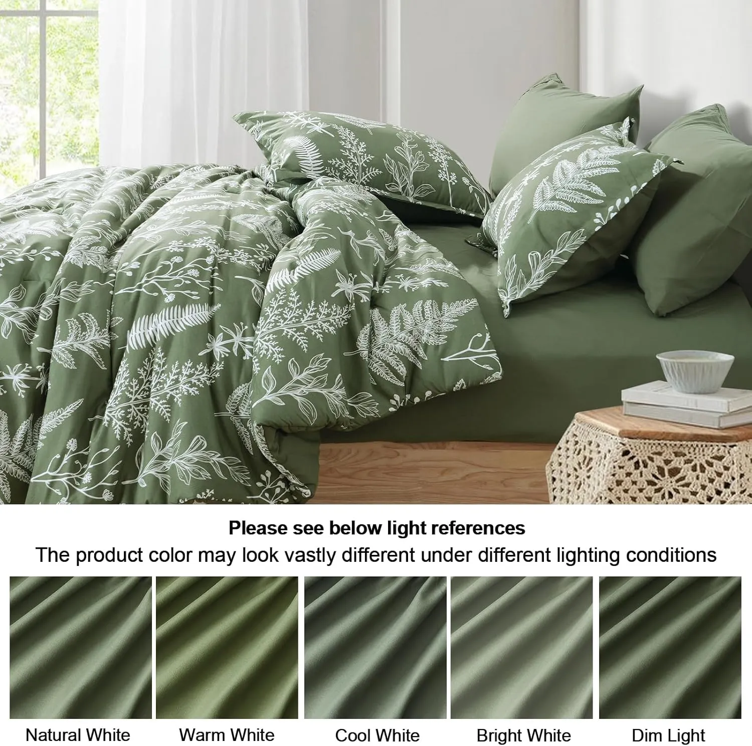 PHF 7 Pieces Queen Comforter Set, Ultra Soft Bed in A Bag Comforter & Sheet Set- Reversible Botanical Bedding Set Include Comforter, Pillow Shams, Flat Sheet, Fitted Sheet and Pillowcases, Olive Green