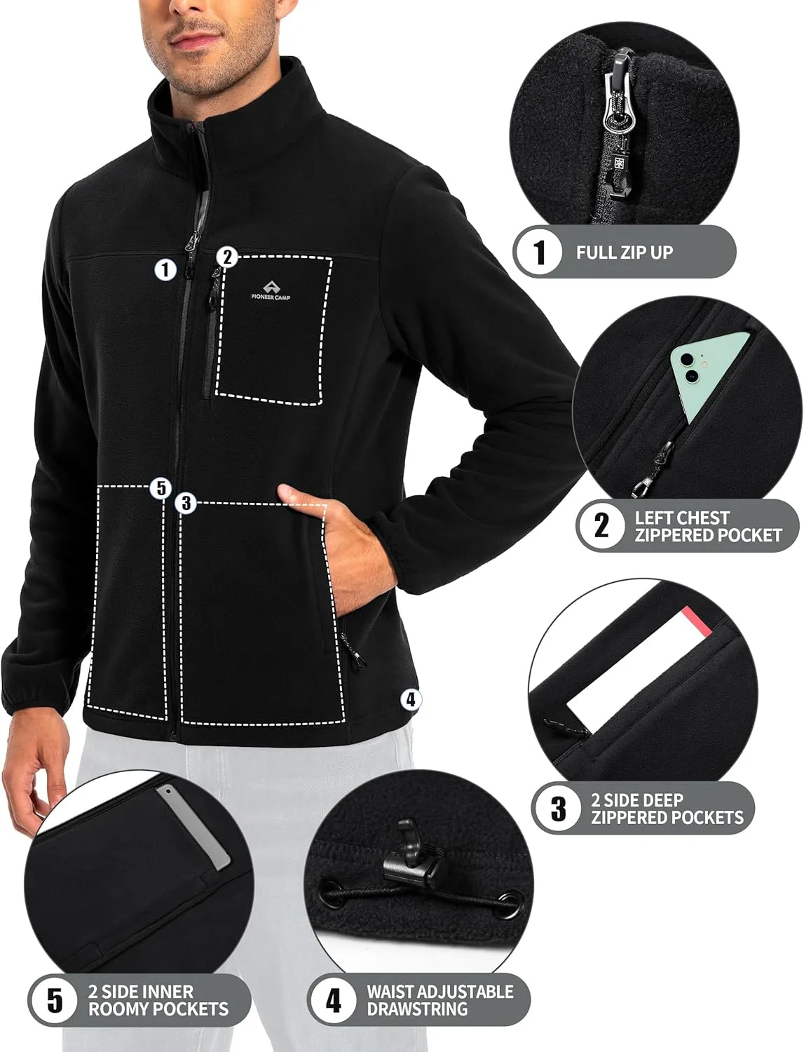Pioneer Camp Men's Lightweight Polar Fleece Jacket Full Zip Antistatic Casual Coat Soft Warm Outwear with Zipper Pockets