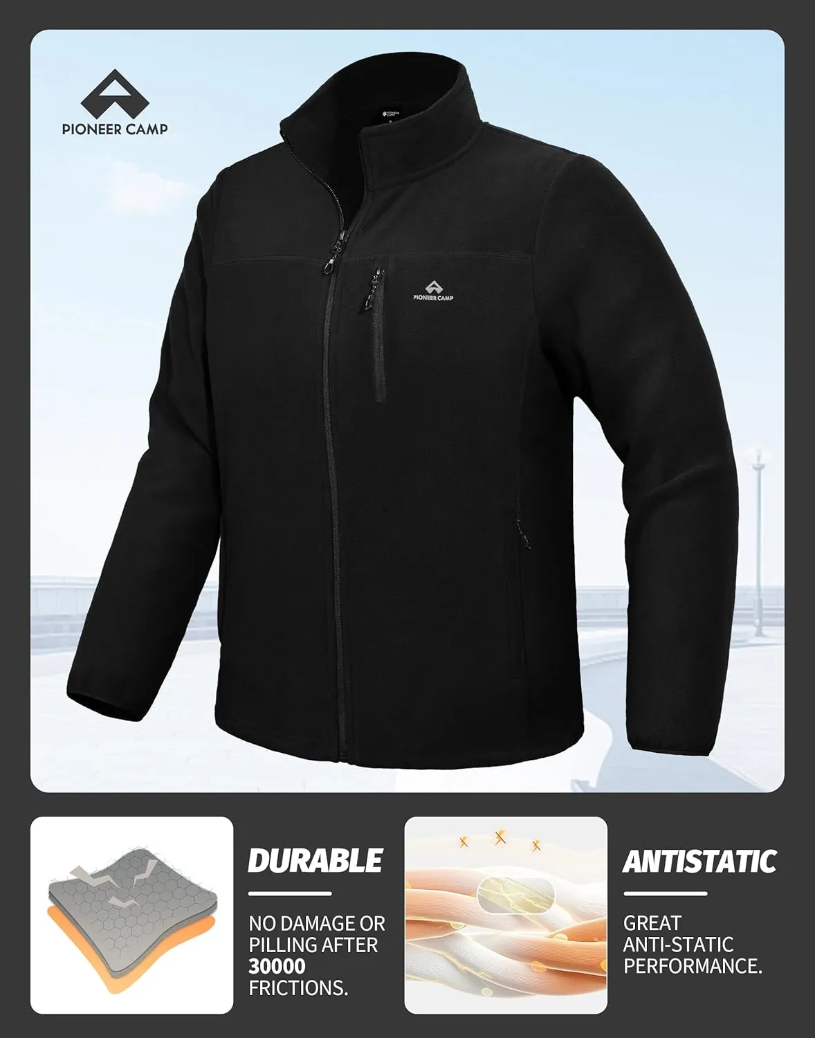 Pioneer Camp Men's Lightweight Polar Fleece Jacket Full Zip Antistatic Casual Coat Soft Warm Outwear with Zipper Pockets